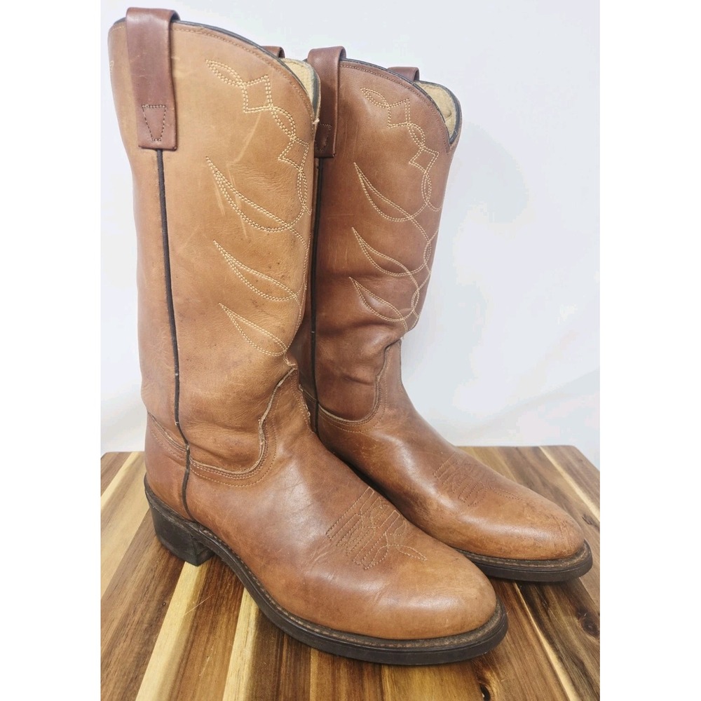 ACME Vintage Cowboy Western Boots Cognac Brown Leather Ranch Men Size 7 Womens 9